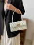 Quilted Baguette Bag Flap PU White Metal Decor