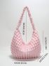 Letter Patch Decor Ruched Bag Zipper Pink