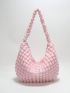 Letter Patch Decor Ruched Bag Zipper Pink