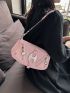 PU Novelty Bag Zip Front Studded Decor Flap Chain Medium Pink