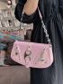 PU Novelty Bag Zip Front Studded Decor Flap Chain Medium Pink