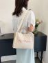 Letter Print Top Handle Bag Beige Corduroy For Daily