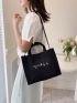 Letter Print Top Handle Bag Black Corduroy Double Handle