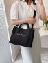 Letter Print Top Handle Bag Black Corduroy Double Handle