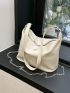 Litchi Embossed Hobo Bag Beige Button Decor For Daily