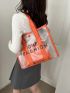 PVC Shoulder Tote Bag With Inner Pouch Letter Graphic Contrast Binding, Clear Bag