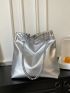 PU Shoulder Tote Bag Drawstring Design Chain Silver