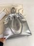 PU Shoulder Tote Bag Drawstring Design Chain Silver