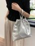 PU Shoulder Tote Bag Drawstring Design Chain Silver