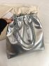 PU Shoulder Tote Bag Drawstring Design Chain Silver