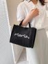 Polyester Shopper Bag Heart & Letter Graphic Black Minimalist Small