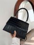 Mini Square Bag Crocodile Embossed Top Handle Flap Black PU Elegant