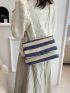 Striped Pattern Straw Bag Medium Flap Vacation