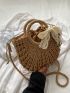 Twilly Scarf Decor Straw Bag Vacation Drawstring Double Handle, Clear Bag