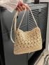 Brown Straw Bag Vacation Hollow Out Detail Zipper, Clear Bag