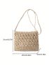 Brown Straw Bag Vacation Hollow Out Detail Zipper, Clear Bag