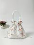 Unique Floral Embroidery Drawstring Bucket Bag - Mini Vacation Coin Purse