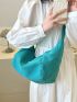 Solid Color Hobo Bag Letter Patch Decor Adjustable Strap