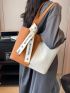 Two Tone Shoulder Tote Bag Litchi Embossed Letter Tape Decor With Inner Pouch