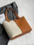 Two Tone Shoulder Tote Bag Litchi Embossed Letter Tape Decor With Inner Pouch