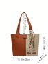 Two Tone Shoulder Tote Bag Litchi Embossed Letter Tape Decor With Inner Pouch