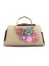 Small Box Bag Flower Decor Gold Top Handle For Party, Perfect Bride Purse For Wedding, Prom & Party Events