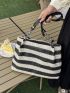 Striped Pattern Straw Bag Vacation Zipper For Outdoor Travel