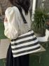 Striped Pattern Straw Bag Vacation Zipper For Outdoor Travel