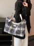 Argyle Detail Hobo Bag Patch Decor Zipper Denim Bag