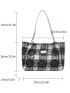 Argyle Detail Hobo Bag Patch Decor Zipper Denim Bag