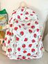 Cute Cartoon Strawberry Pattern Classic Backpack Letter Patch Decor With Zipper