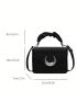 Quilted Square Bag Moon Decor Flap PU Black