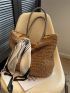 Medium Straw Bag Double Handle Solid Color Twilly Scarf