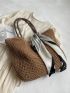 Medium Straw Bag Double Handle Solid Color Twilly Scarf