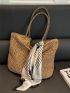 Medium Straw Bag Double Handle Solid Color Twilly Scarf