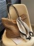 Medium Straw Bag Double Handle Solid Color Twilly Scarf