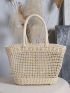 Medium Straw Bag Double Handle Hollow Out Design Vacation Style