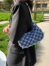 Small Hobo Bag Plaid Pattern Contrast Binding Design Denim Denim Bag