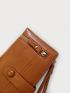 Minimalist Long Wallet Zipper Snap Button Brown