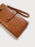 Minimalist Long Wallet Zipper Snap Button Brown