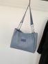 Letter Patch Shoulder Tote Bag Blue Fashionable For Daily