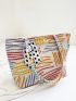 Striped Pattern Shoulder Tote Bag Colorblock Twilly Scarf Decor