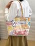 Striped Pattern Shoulder Tote Bag Colorblock Twilly Scarf Decor