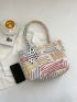 Striped Pattern Shoulder Tote Bag Colorblock Twilly Scarf Decor