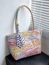 Striped Pattern Shoulder Tote Bag Colorblock Twilly Scarf Decor