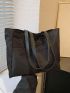 Letter Patch Shoulder Tote Bag Black Pocket Front For Daily