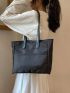 Letter Patch Shoulder Tote Bag Black Pocket Front For Daily