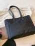 Letter Patch Shoulder Tote Bag Black Pocket Front For Daily