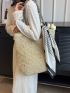 Khaki Straw Bag Twilly Scarf Decor Shoulder Tote Bag For Vacation