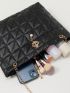 Quilted Shoulder Bag Faux Pearl Decor Black